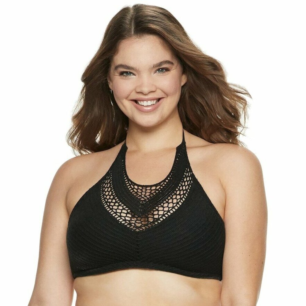 SO Crochet High Neck Bikini Top Jr Plus Size 3X Black